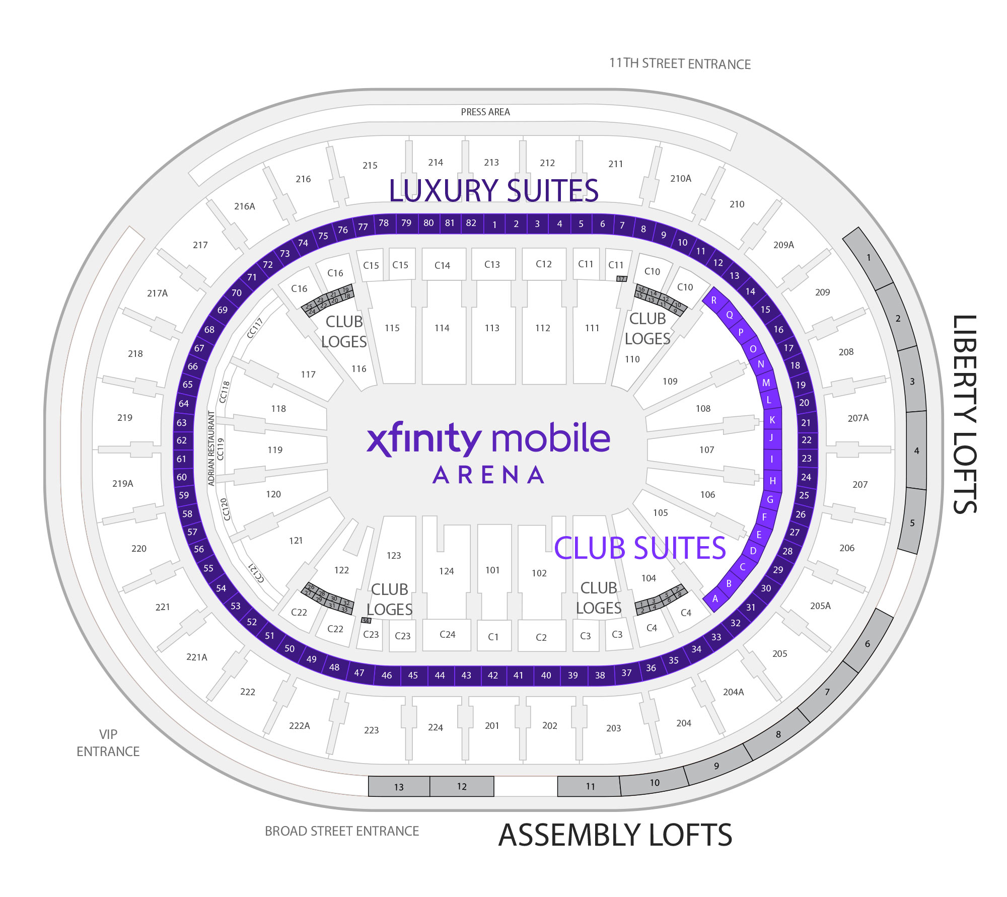 Xfinity Mobile Arena suite map