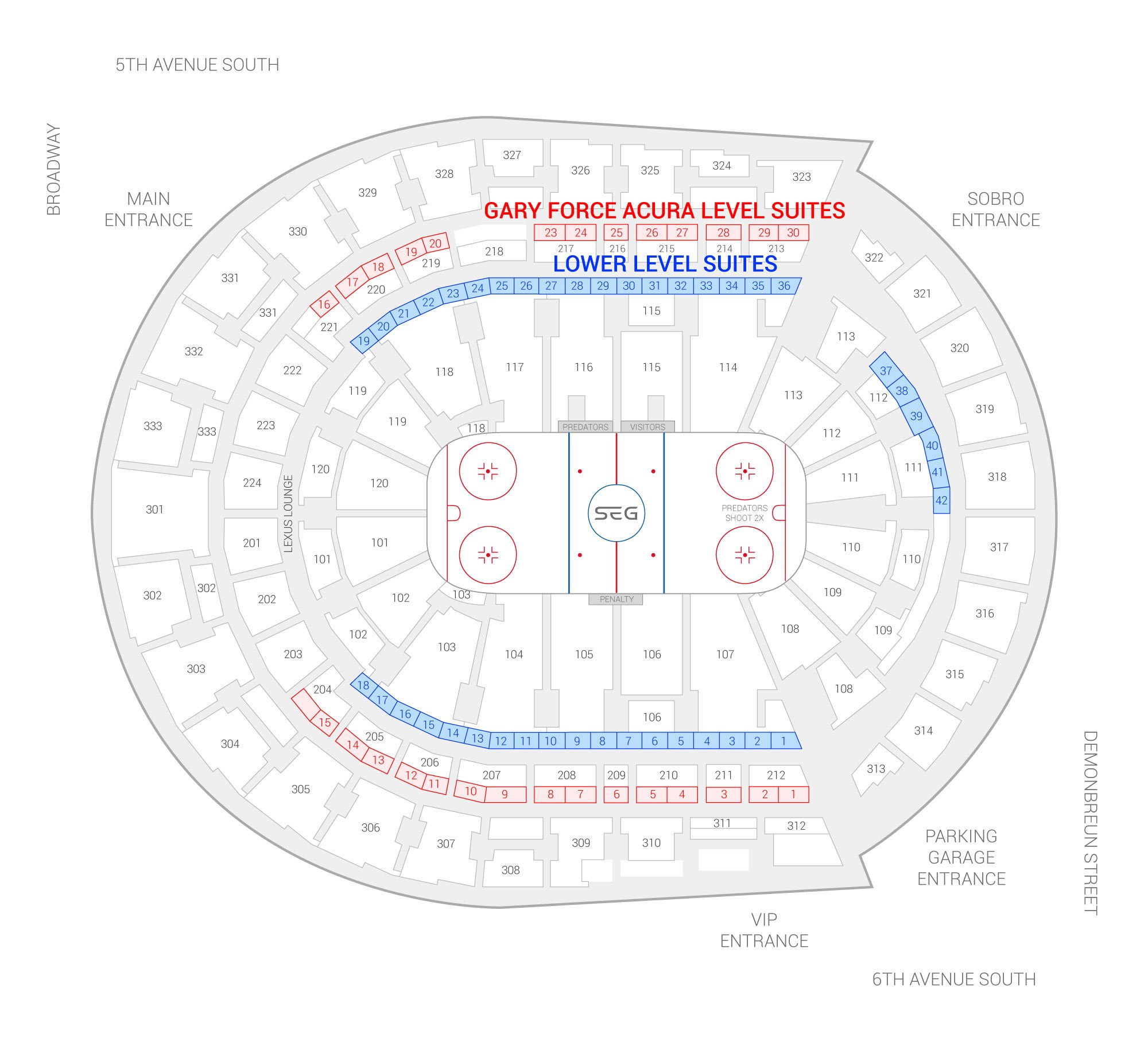 Bridgestone Arena / Nashville Predators Suite Map and Seating Chart